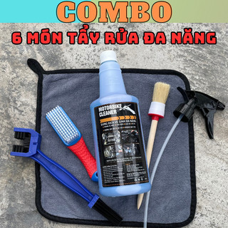 Motobike cleaner, cọ lông heo, bàn chải đa năng, khăn 3m, vòi xịt.