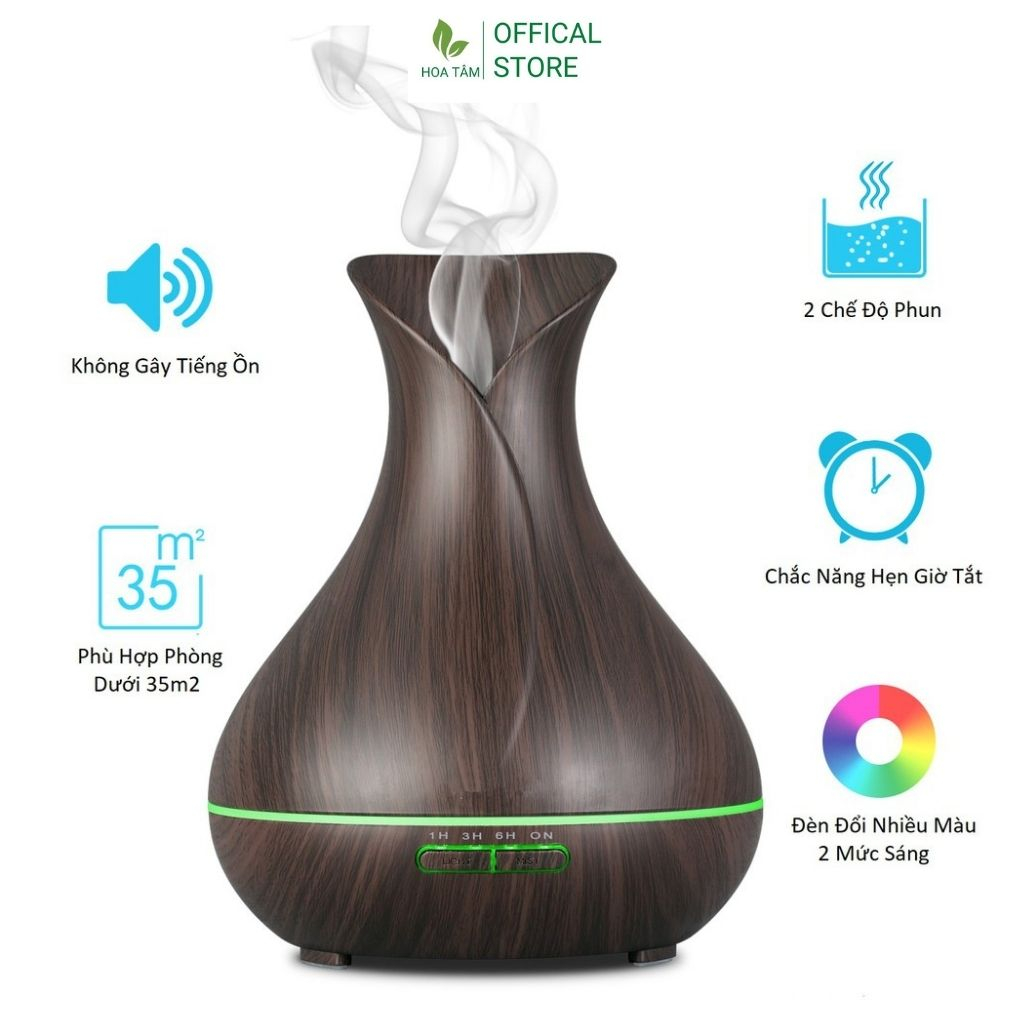 Máy xông tinh dầu phòng ngủ phòng khách, bình hoa vân gỗ , đèn led 7 màu, dung tích 550ml | BH 6 tháng