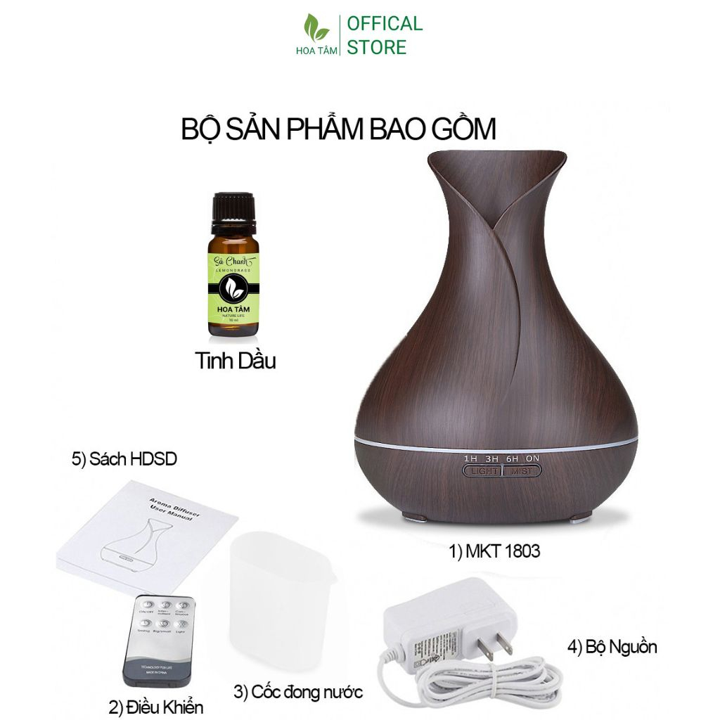 Máy xông tinh dầu phòng ngủ phòng khách, bình hoa vân gỗ , đèn led 7 màu, dung tích 550ml | BH 6 tháng