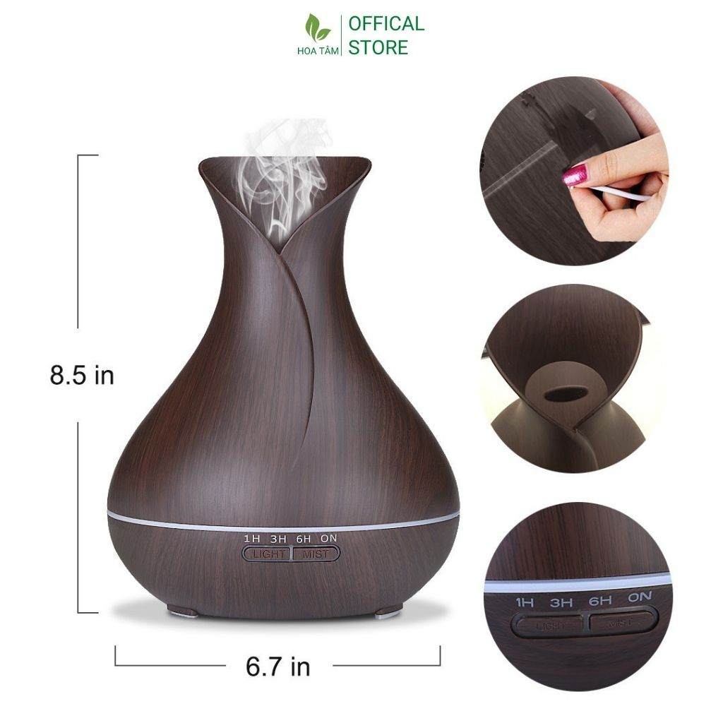 Máy xông tinh dầu phòng ngủ phòng khách, bình hoa vân gỗ , đèn led 7 màu, dung tích 550ml | BH 6 tháng