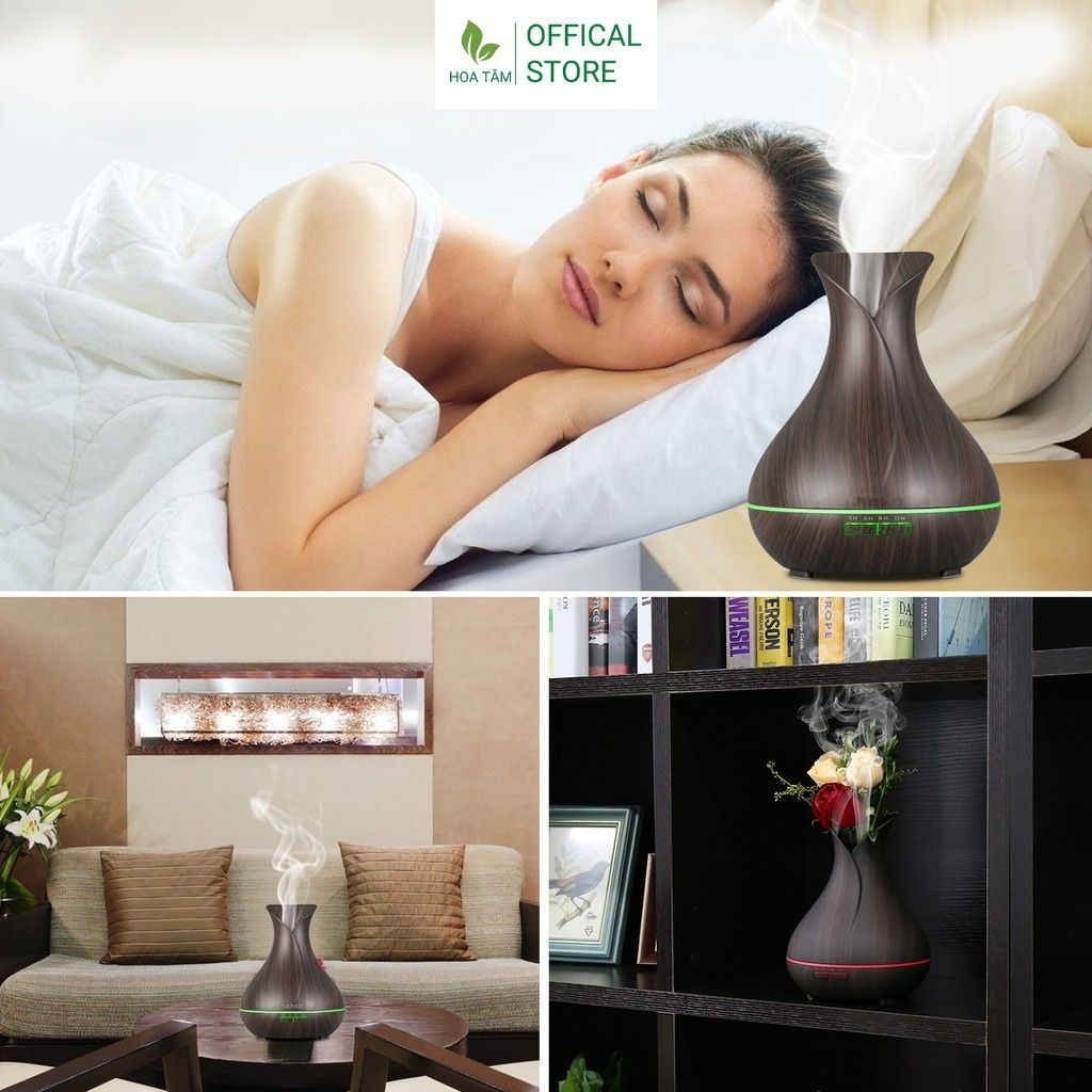 Máy xông tinh dầu phòng ngủ phòng khách, bình hoa vân gỗ , đèn led 7 màu, dung tích 550ml | BH 6 tháng