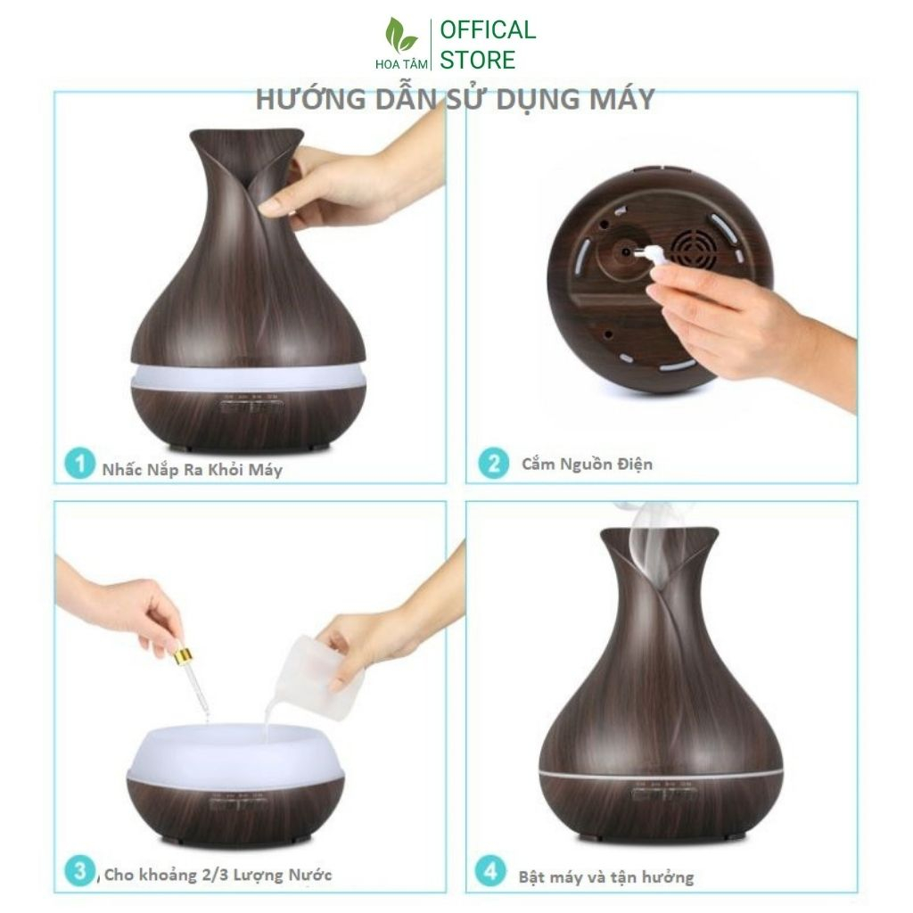 Máy xông tinh dầu phòng ngủ phòng khách, bình hoa vân gỗ , đèn led 7 màu, dung tích 550ml | BH 6 tháng