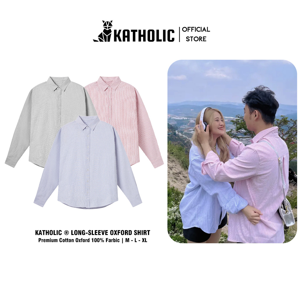 Áo Sơ Mi Kẻ Sọc Tay Dài Nam Nữ Hàn Quốc Local Brand KATHOLIC Chất Liệu Oxford Form Rộng 3 Màu Xám, Hồng, Xanh KAT012