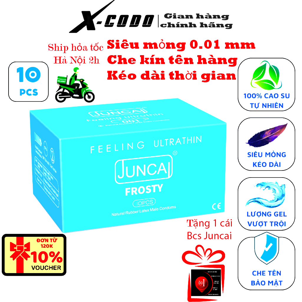 Bao cao su Siêu mỏng 001 JUNCAI Bạc Hà nhiều Gel bôi trơn Kéo dài thời gian quan hệ Bcs Chống xuất tinh sớm nam nữ