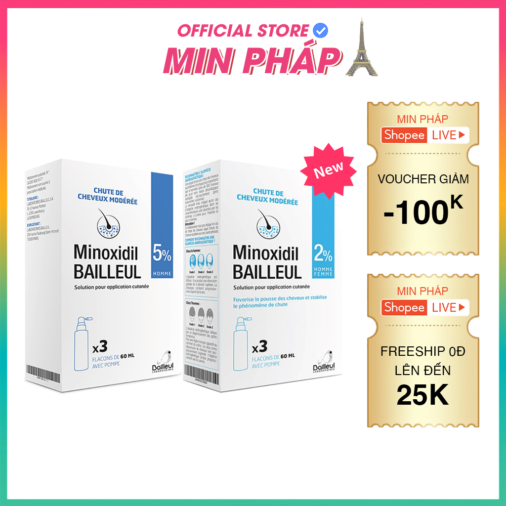 Xịt Mọc Tóc Minoxidil Bailleul 2%, 5% Pháp, Giảm Rụng Tóc Và Kích Thích Mọc Tóc