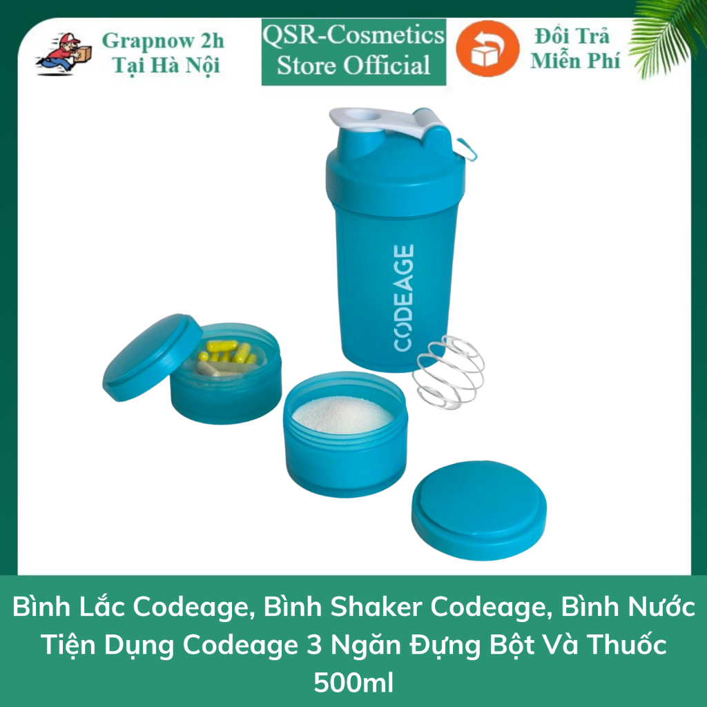 Bình Lắc Codeage, Bình Shaker Codeage, Bình Nước Tiện Dụng Codeage 3 Ngăn Đựng Bột Và Thuốc 500ml