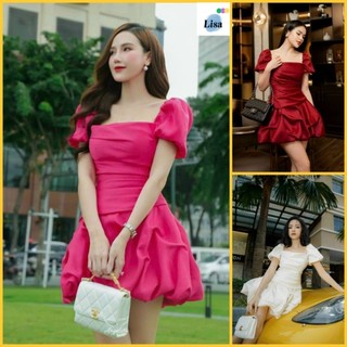 Đầm bí thời trang nữ mặc đi chơi, đầm tay ngắn phồng chất liệu tapta 3 màu y hình