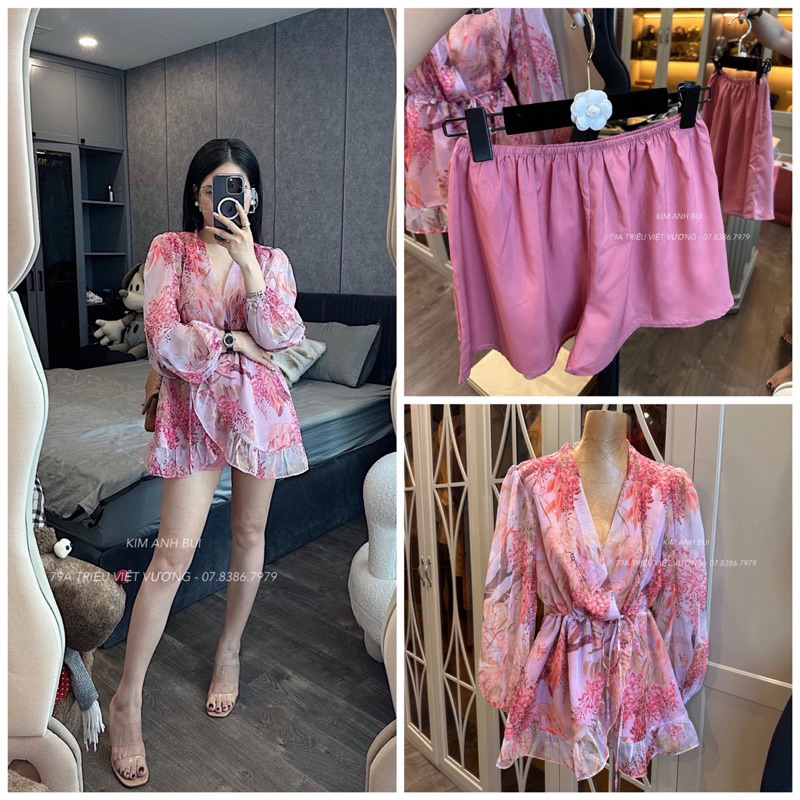 Jum hoa dài tay cổ V kèm quần