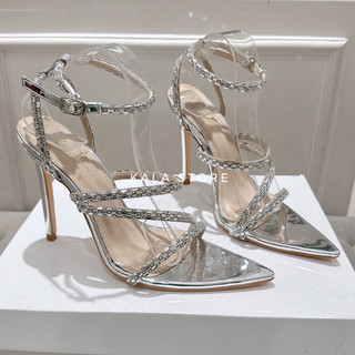 Giày sandal mũi nhọn màu bạc dây chéo đính đá sandal trọng