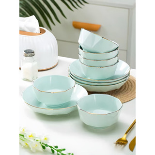 Chén sứ, tô sứ, dĩa sứ. Bộ chén dĩa sứ màu xanh mint viền vàng cực kì sang.