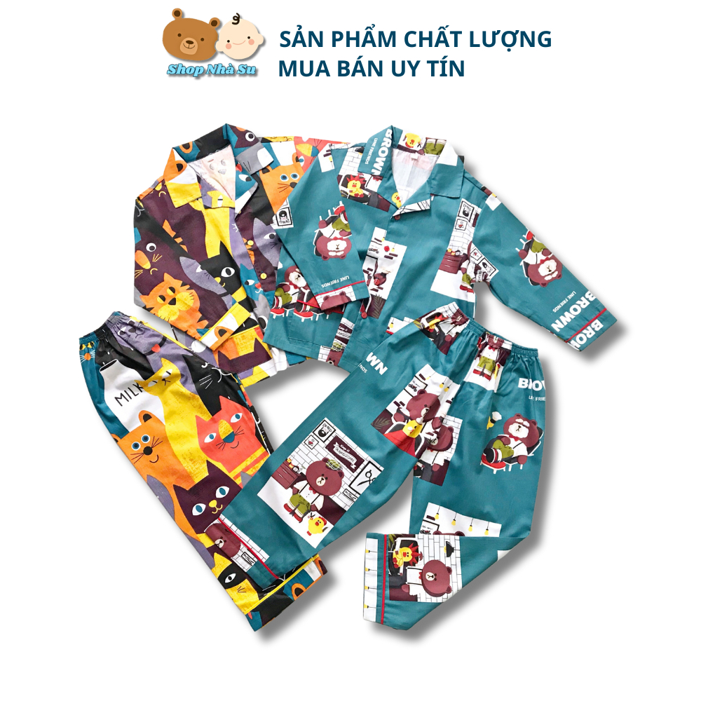 Pijama dài cho bé trai bé gái vải thô mịn đẹp hút mồ hôi Họa tiết thú nhiều mẫu size 10-45kg