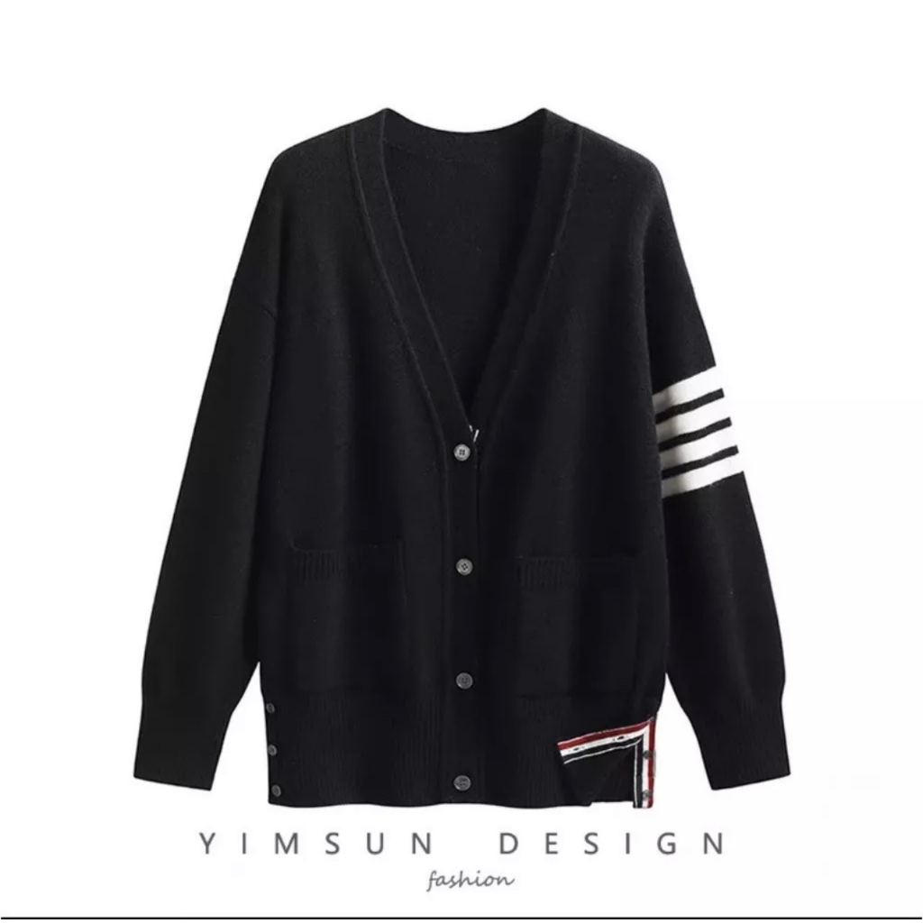 Áo Khoác Cardigan THOME BROWE Cao Cấp Phối Sọc Tay Cực Hót , Áo Khoác Chất Liệu Len Gân Phong Các Hàn Quốc