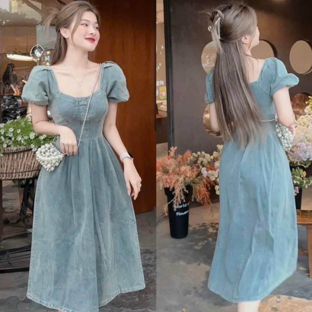 Đầm váy nữ jean tay búp cổ vuông dáng dài thanh lịch điệu đà nữ tính cho nữ đi chơi đi tiệc ,đi biển