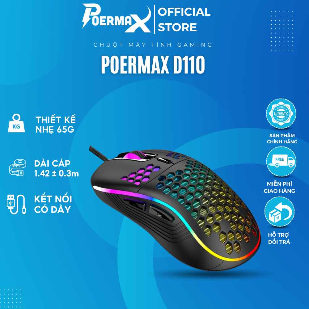 [Mã ICBFRI25 giảm 25K đơn 149K] Chuột máy tính gaming Poermax D110 kết nối có dây, DPI 4 cấp độ Led RGB