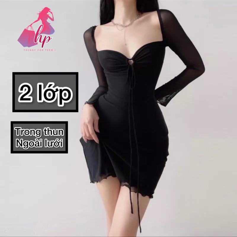 Đầm body màu đen tay dài phối lưới không mút, váy nữ mặc 2 kiểu G273