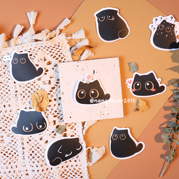 Sticker chống thấm nước | Black Cat | dán mũ bảo hiểm,laptop, ly bình giữa nhiệt họa tiết dễ thương | Nắng Decor