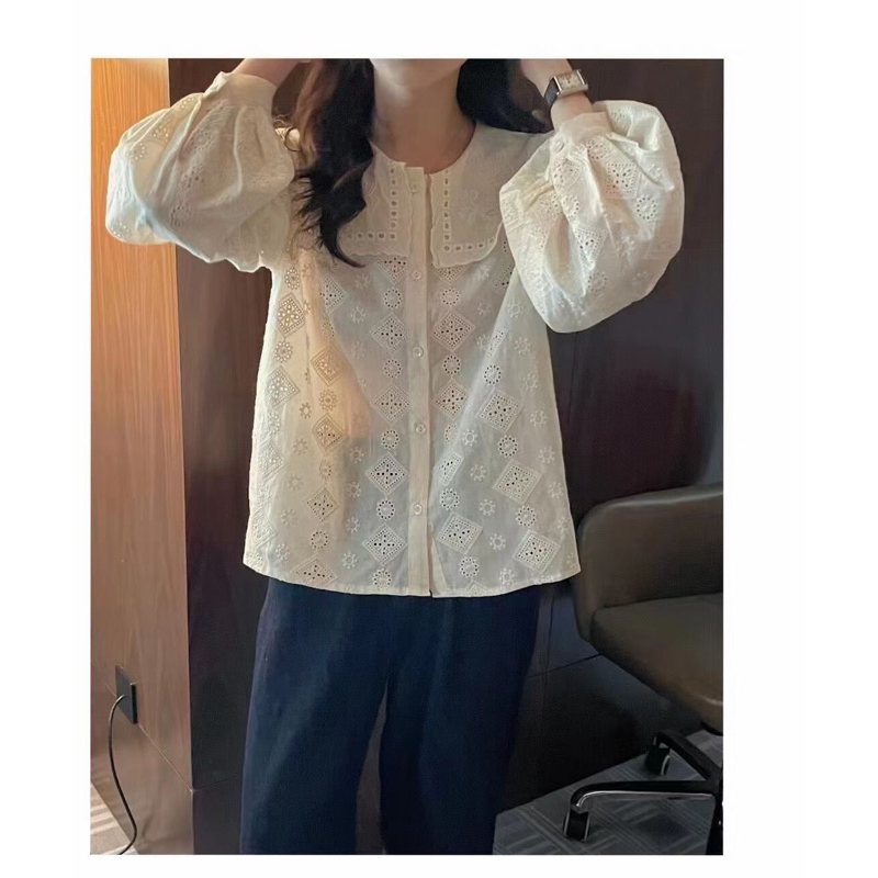 @hanhiwithlove - SƠ MI BOI THÊU CỔ THUỶ THỦ MÀU BE PHONG CÁCH HÀN QUỐC DÀI TAY