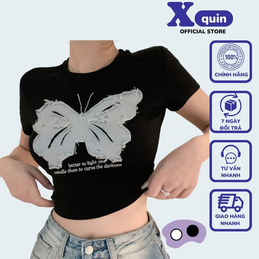 Áo croptop nữ ngắn tay cổ tròn thêu hình bướm trước ngực Xquin, Áo kiểu nữ ôm body chất thun thái loại cao cấp