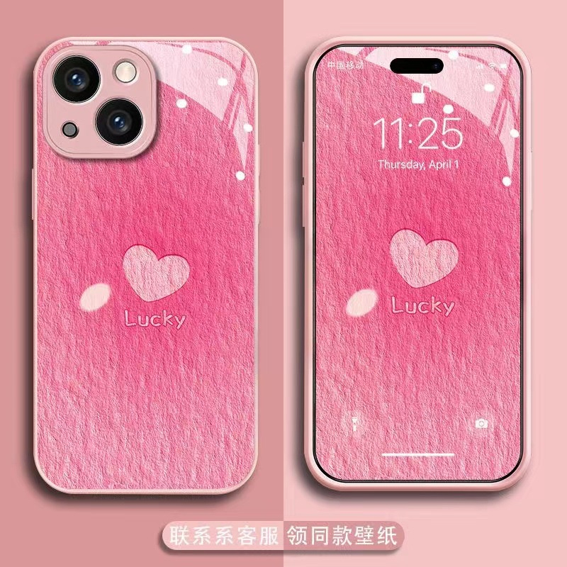 Ốp Điện Thoại iphone Mặt Kính Họa Tiết Trái Tim Hồng Lucky Đơn Giản Cho 14promax 13 12 11pro XSMAX 8 7 6 6S Plus X Xs