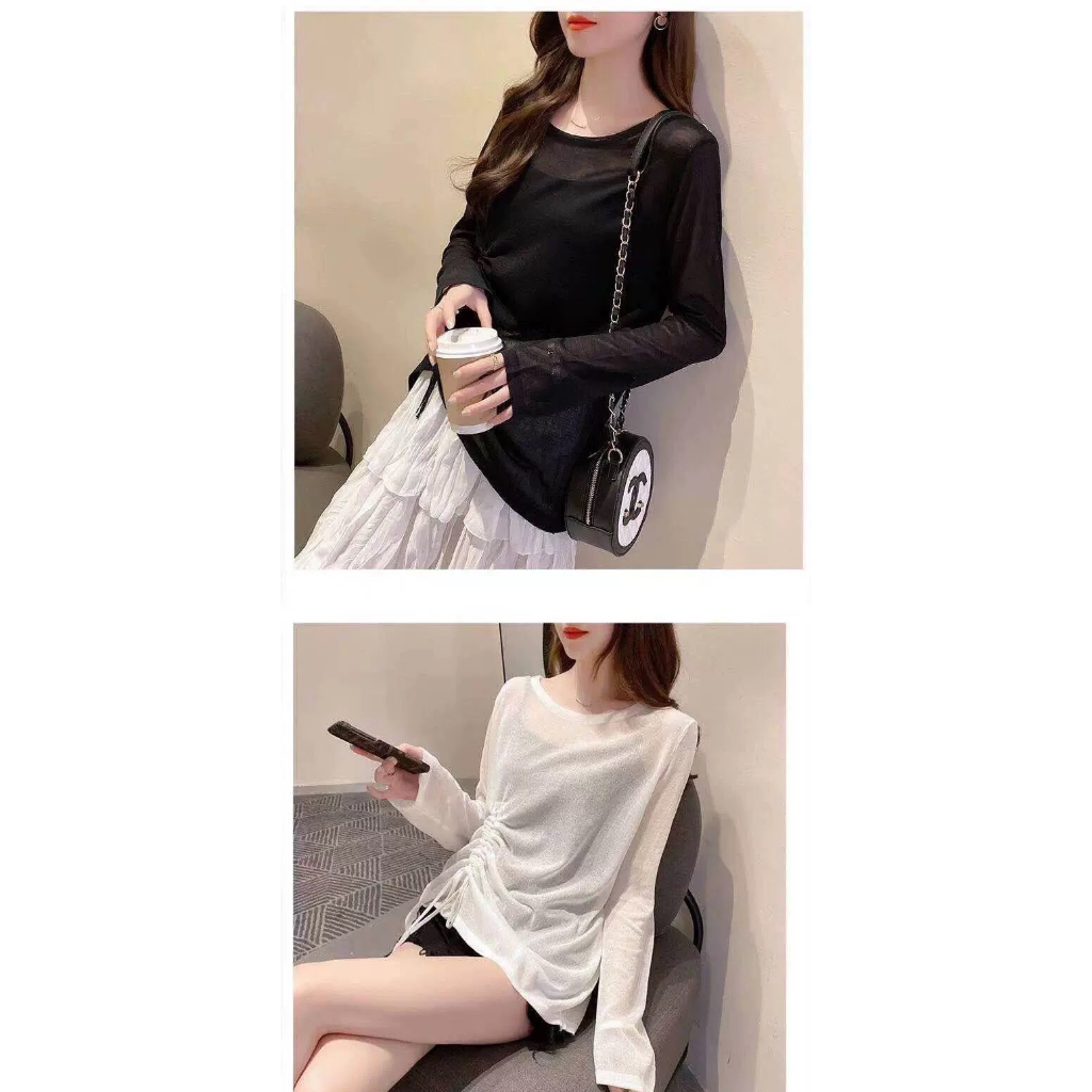 Áo thun rút cạnh sườn rúm eo dài tay, trễ vai quyến rũ mặc 4 mùa