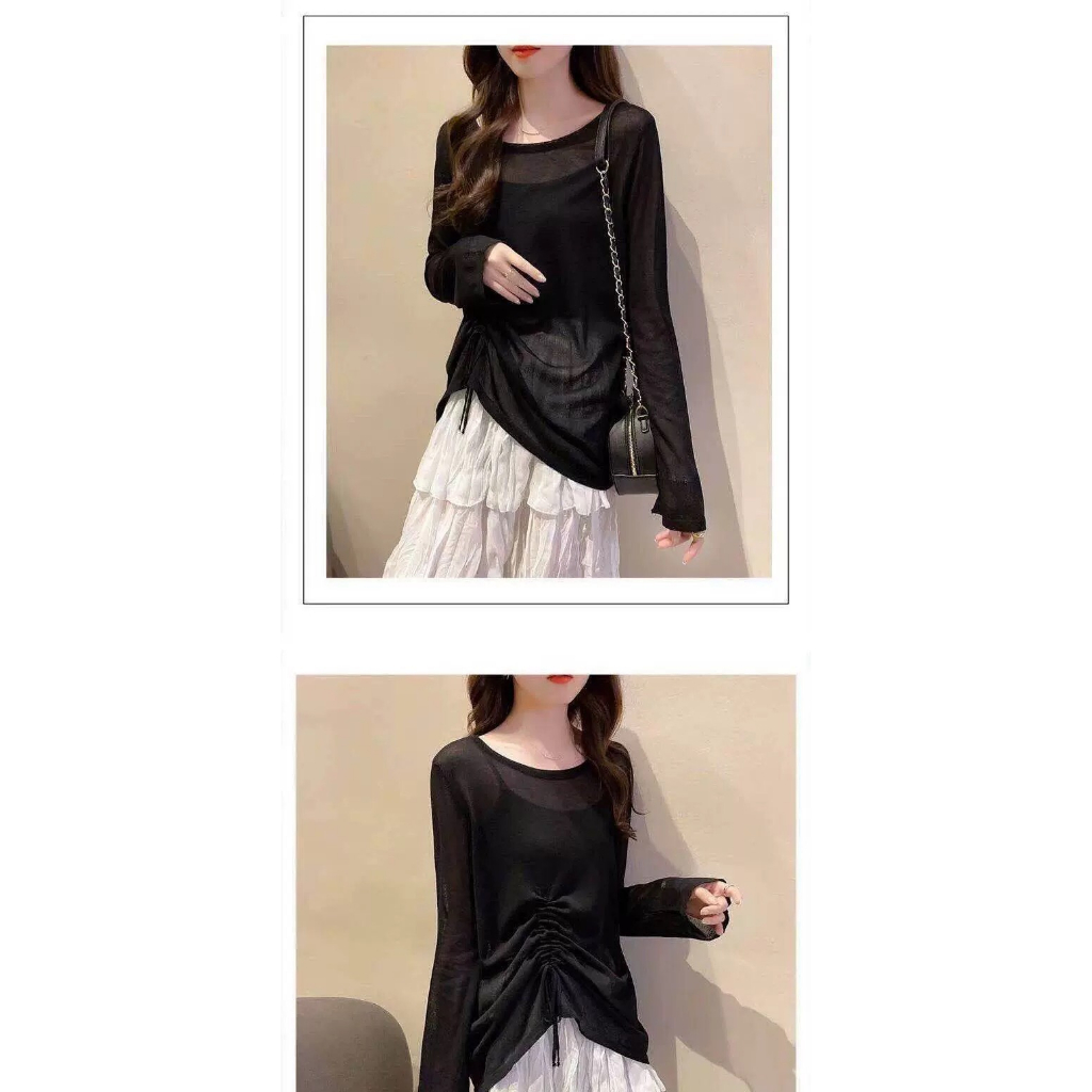 Áo thun rút cạnh sườn rúm eo dài tay, trễ vai quyến rũ mặc 4 mùa