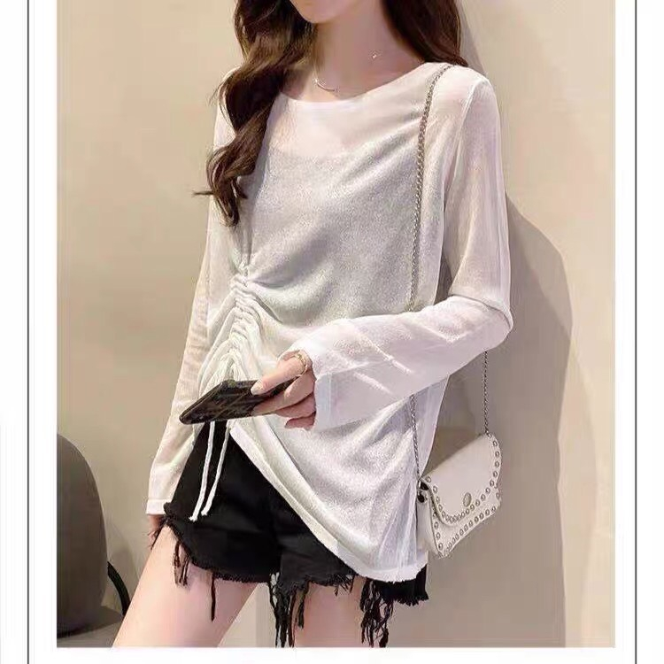 Áo thun rút cạnh sườn rúm eo dài tay, trễ vai quyến rũ mặc 4 mùa