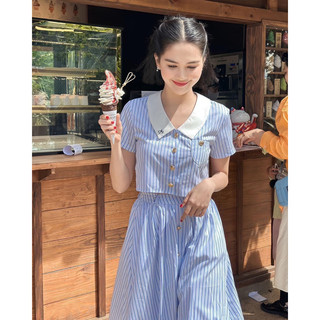 Set áo croptop cổ bẻ thêu + chân váy midi suông xanh sọc phối nút ngọc trinh