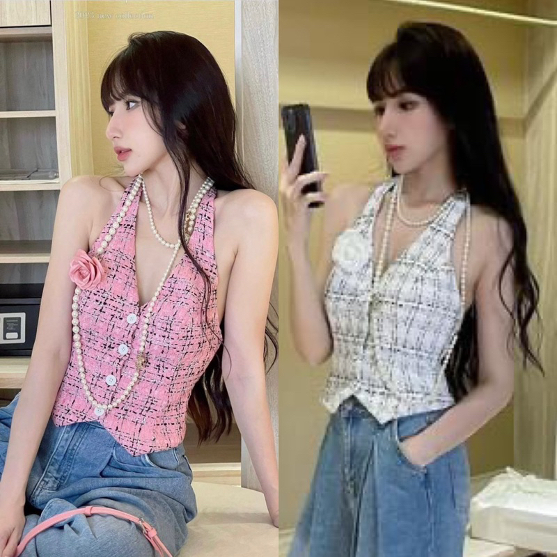 ÁO CROPTOP YẾM CARO ĐÍNH HOA HỞ LƯNG ❤️ về thêm SET QUẦN SUÔNG CULOTTES ĐEN