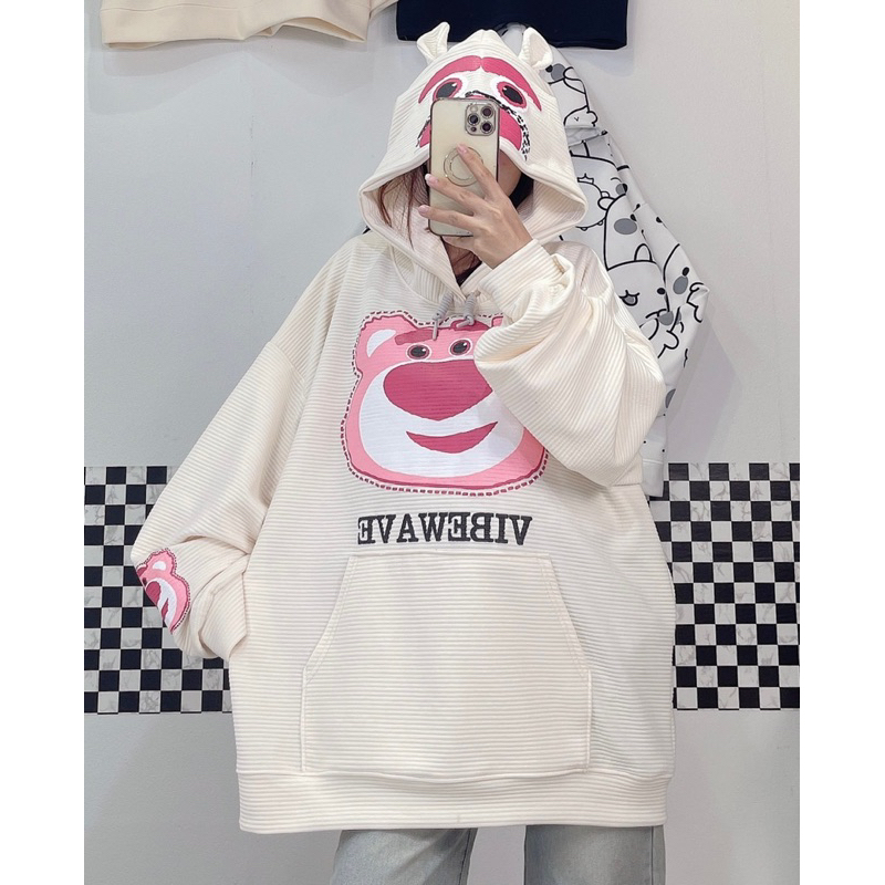 Áo hoodie có mũ kiểu dáng gấu,áo nỉ Unisex in hình gấu dâu chất nỉ lót bông dày dặn cute phong cách Ulzzang