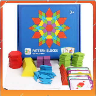 Đồ chơi bộ xếp hình, ghép hình sáng tạo bằng gỗ Pattern Block 155 chi tiết cho bé - Bộ ghép hình gỗ montessori