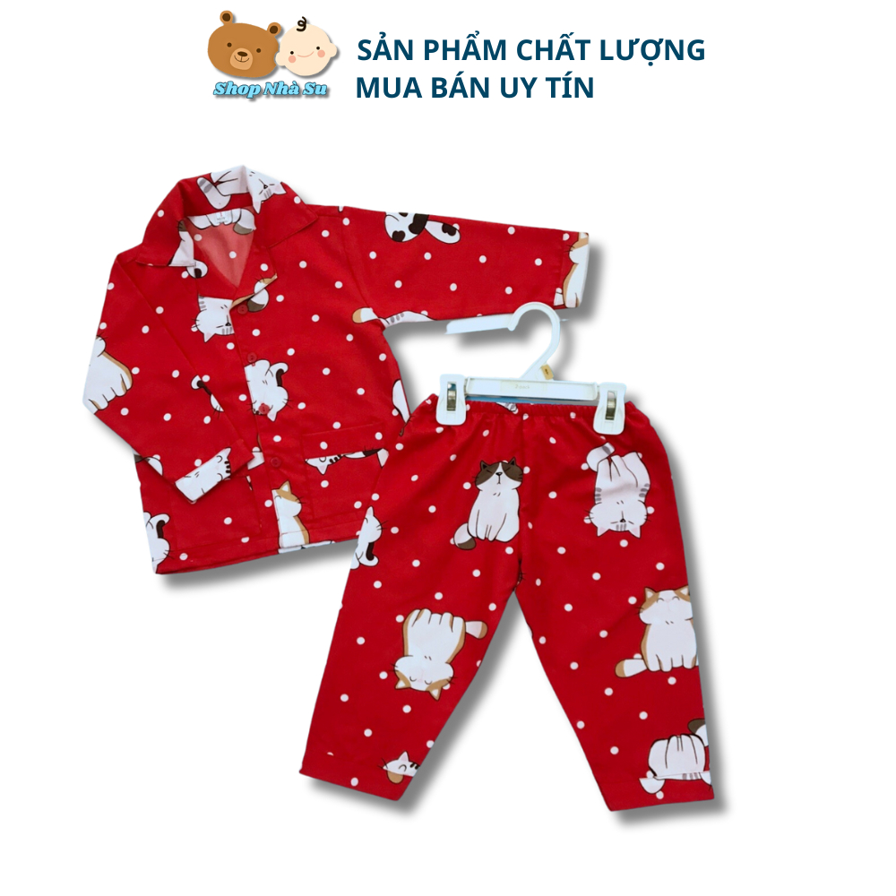 Pijama cho bé Vải Kate thái mịn đẹp không nhăn nhàu hình Mèo đỏ size 10-40kg cho bé 1-9 tuồi Shop Nhà Su