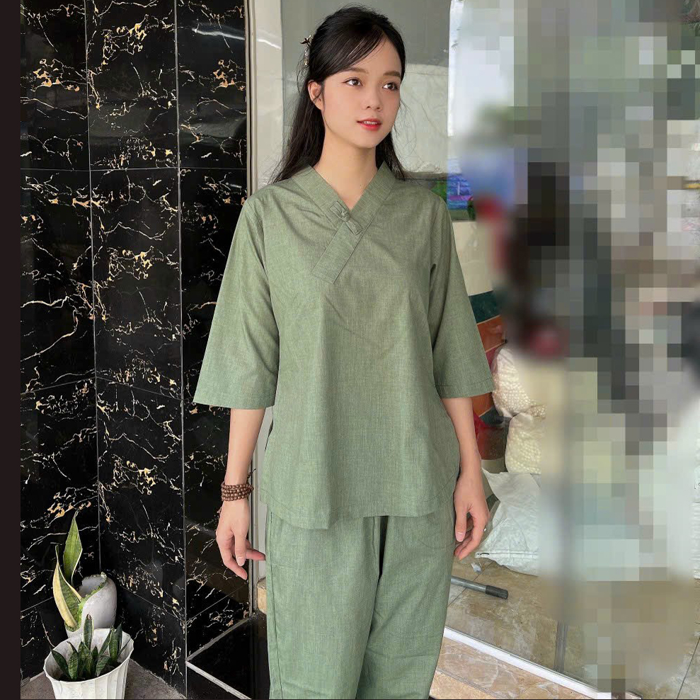 Quần Áo nữ Phật Tử, đồ lam Đi Chùa mẫu nữ kate một nút trơn mã DY12KT01
