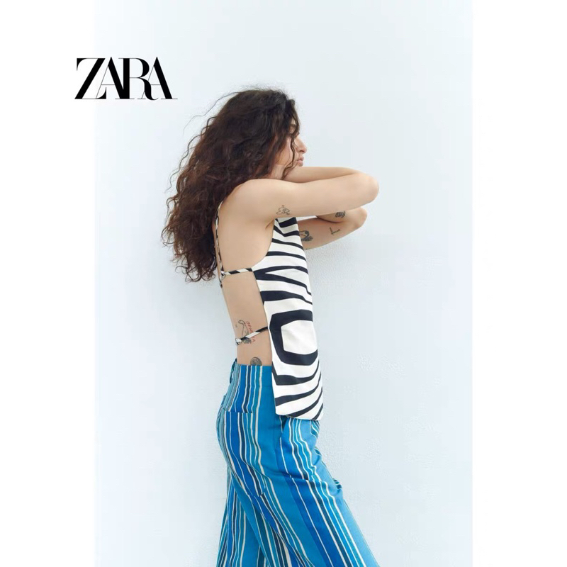 Auth Zara Áo trắng kiểu họa tiết vằn đen size xs