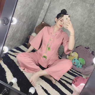 (LỤA THÊU SEN) Bộ đồ lam đi chùa nữ chất lụa, Quần áo phật tử đi chùa