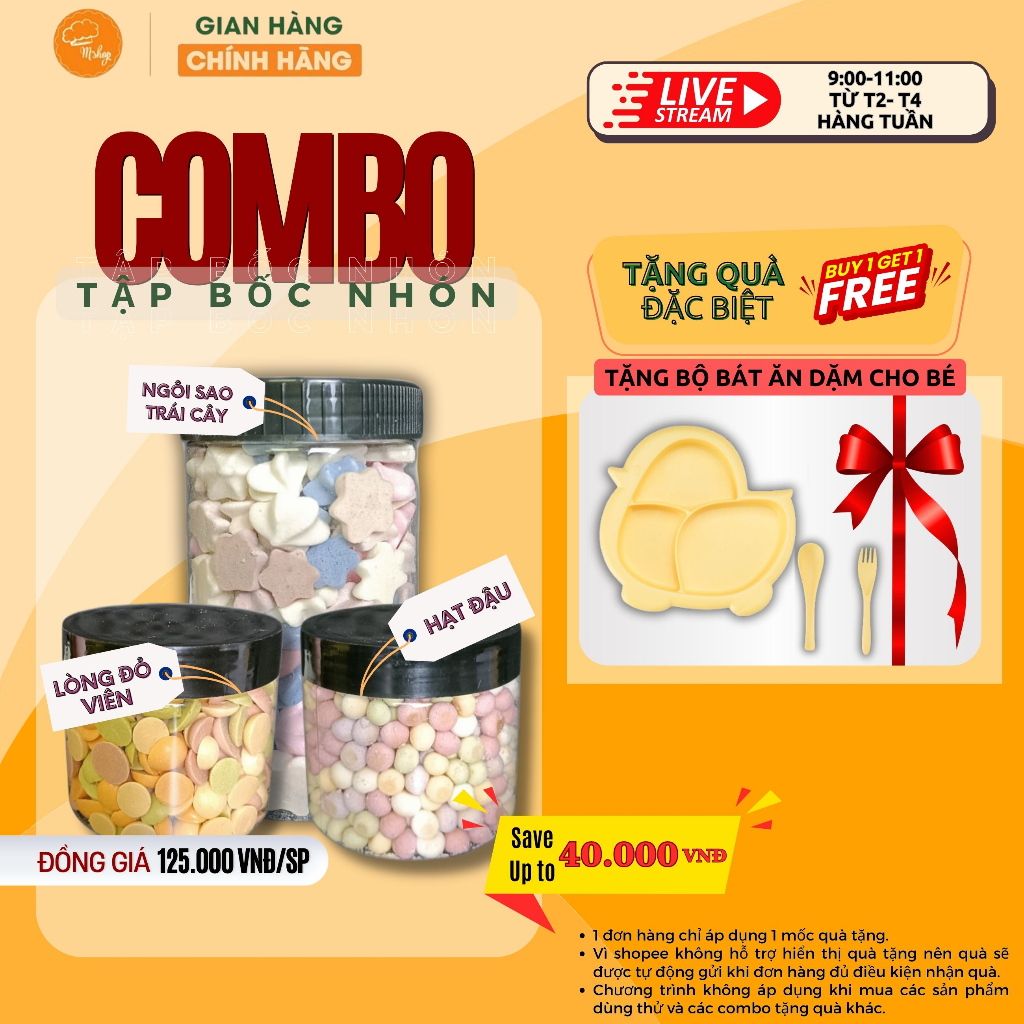 Combo bánh ăn dặm cho bé MSHOP- tập bốc nhón (3 hũ- sao trái cây, lòng đỏ viên, hạt đậu)