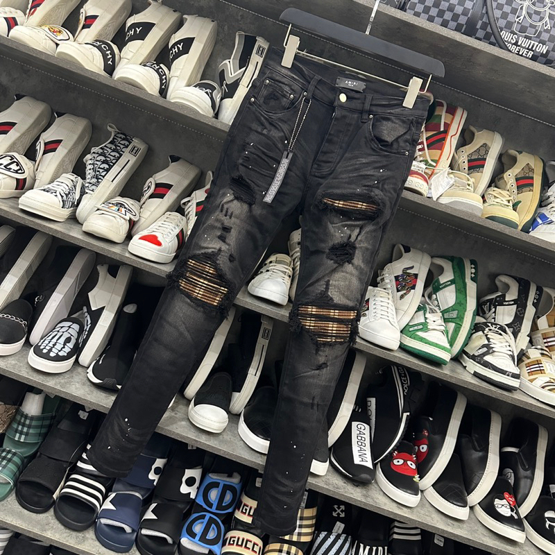 Quần Jean Nam Slimfit    Amiri Likeauth Đen Khói Quần Bò Nam 4 Khuy Mài Rách Xù Đùi Gối Vá Trần Nhăn Sọc Nâu Siêu Chất