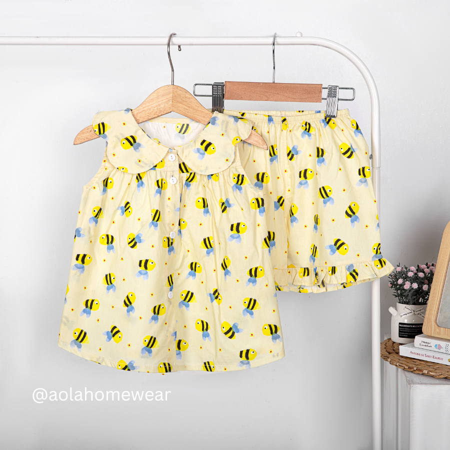 Bộ đùi bé gái thô cotton áo sát nách cổ hoa xinh áo babydoll quần đùi dễ thương A054 Áo Lá Homewear