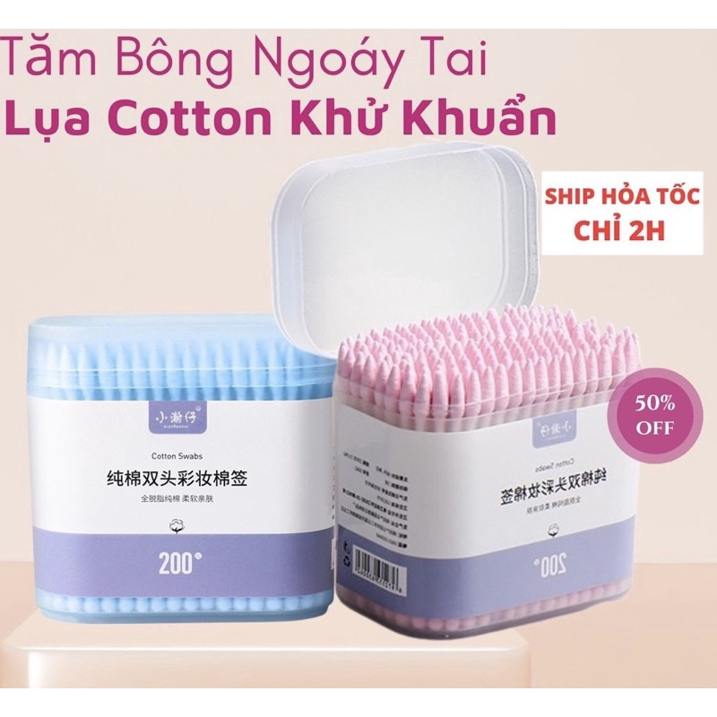 Hộp 200 Tăm Bông 2 Đầu Đa Năng Vệ Sinh Tai Mũi Kháng Khuẩn Mềm Mịn, Tăm Bông Ngoáy Tai Y Tế Siêu Sạch
