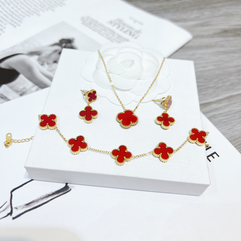 Set trang sức nữ hình cỏ bốn lá may mắn chất liệu titan không đen không hoen gỉ