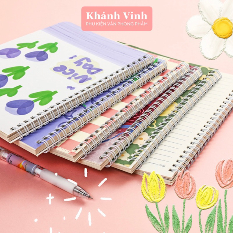 Sổ lò xo A5 kẻ ngang vintage 120 trang 70gsm 140x207mm lò xo kép, HXGS sổ tay ghi chép