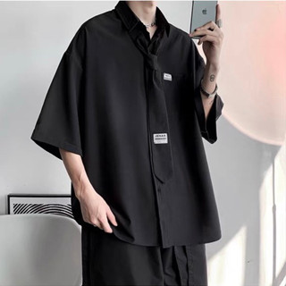 Áo Sơ Mi Nam Ngắn Tay Phối Cà Vạt Oversize , Áo Sơ Mi Nam Caravat Form Rộng, Basic, Phong Cách Hàn Quốc-By ZONEF