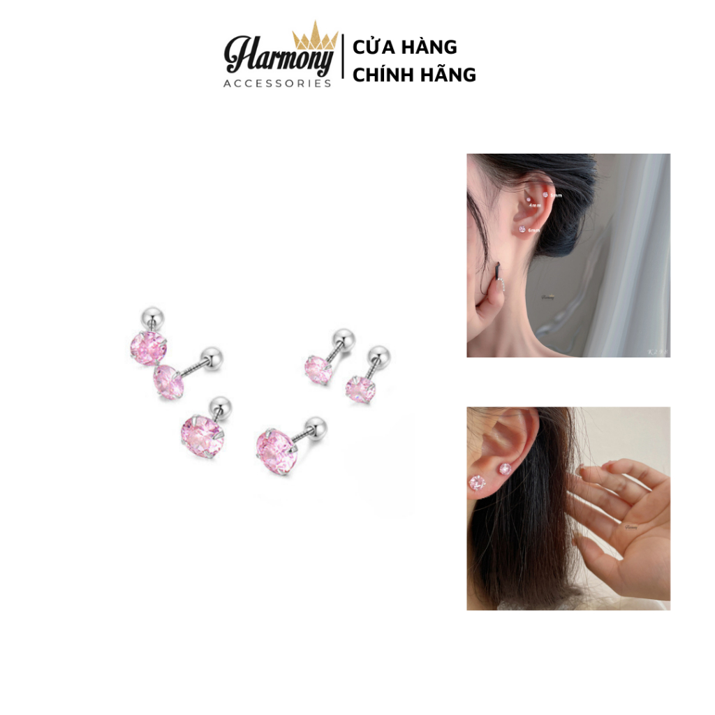 Khuyên tai nữ bạc 925 ổ đá hồng bi vặn dễ thương (1 chiếc) | HARMONY ACCESSORIES K298