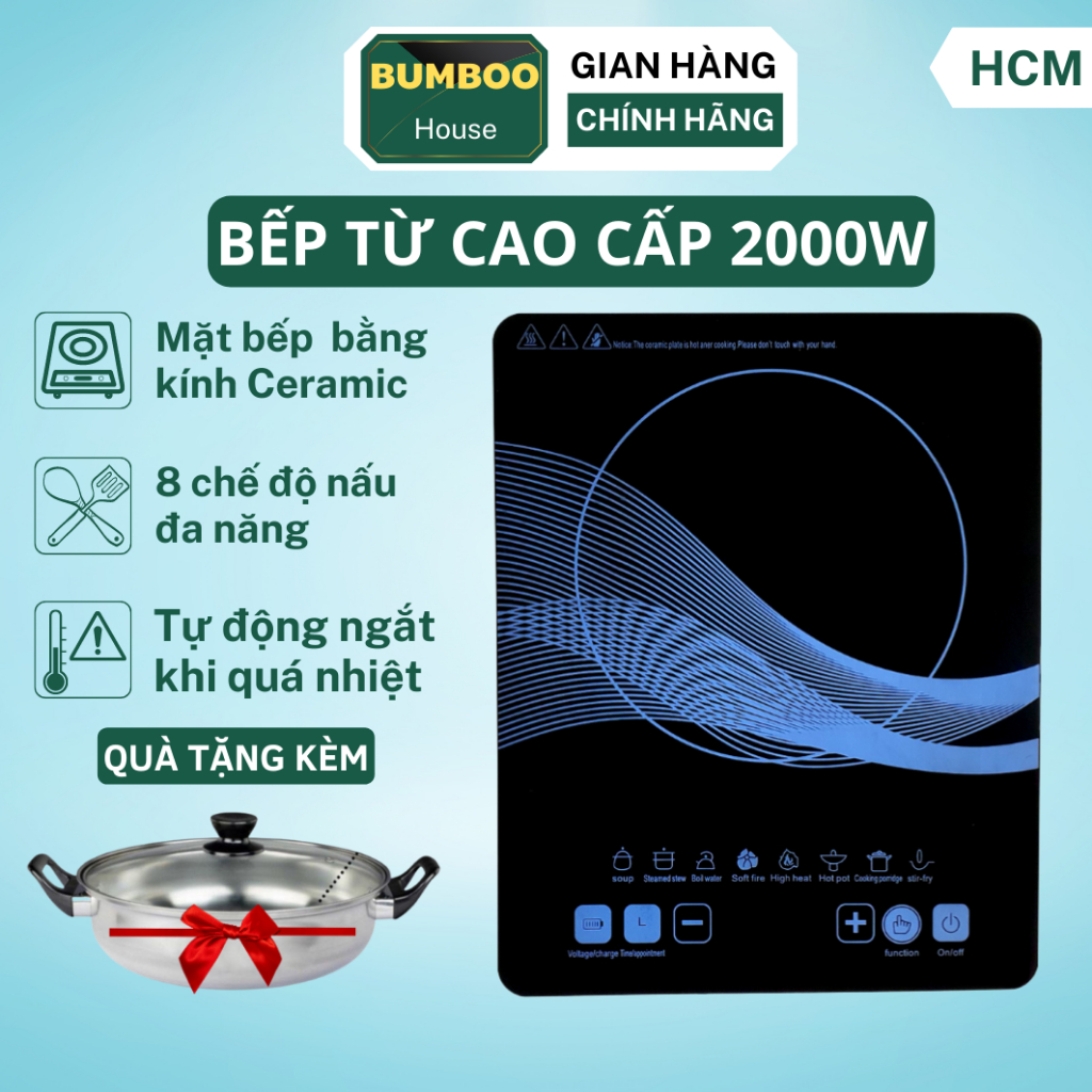 Bếp từ cảm ứng cao cấp thiết kế mặt kính cường lực siêu bền, công suất cao 2000W, hẹn giờ tiết kiệm điện, tặng kèm nồi