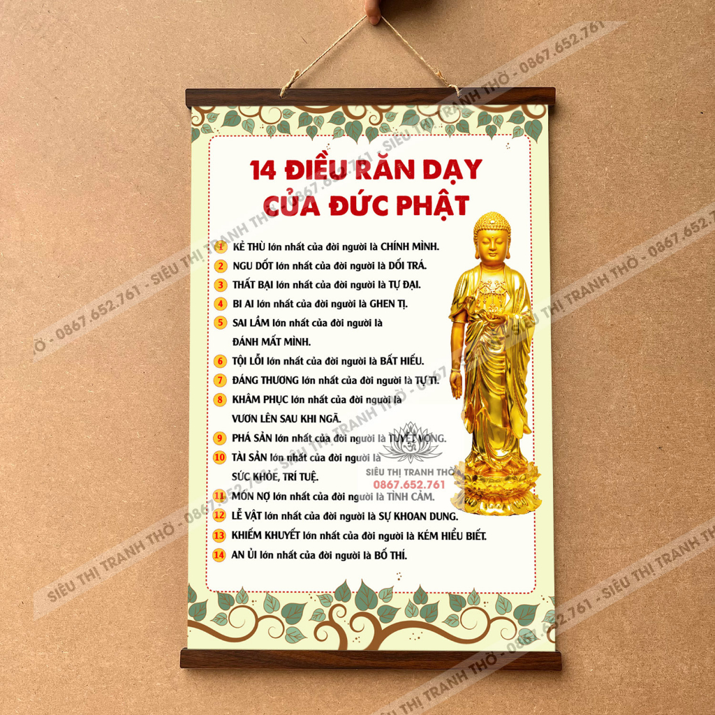 Tranh chữ 14 Điều Phật Dạy nẹp gỗ 40x60cm bằng vải phủ bóng cao cấp dày dặn