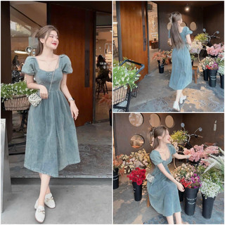 Váy đầm nữ đầm jean dáng dài cổ vuông tay ngắn phồng sang chảnh
