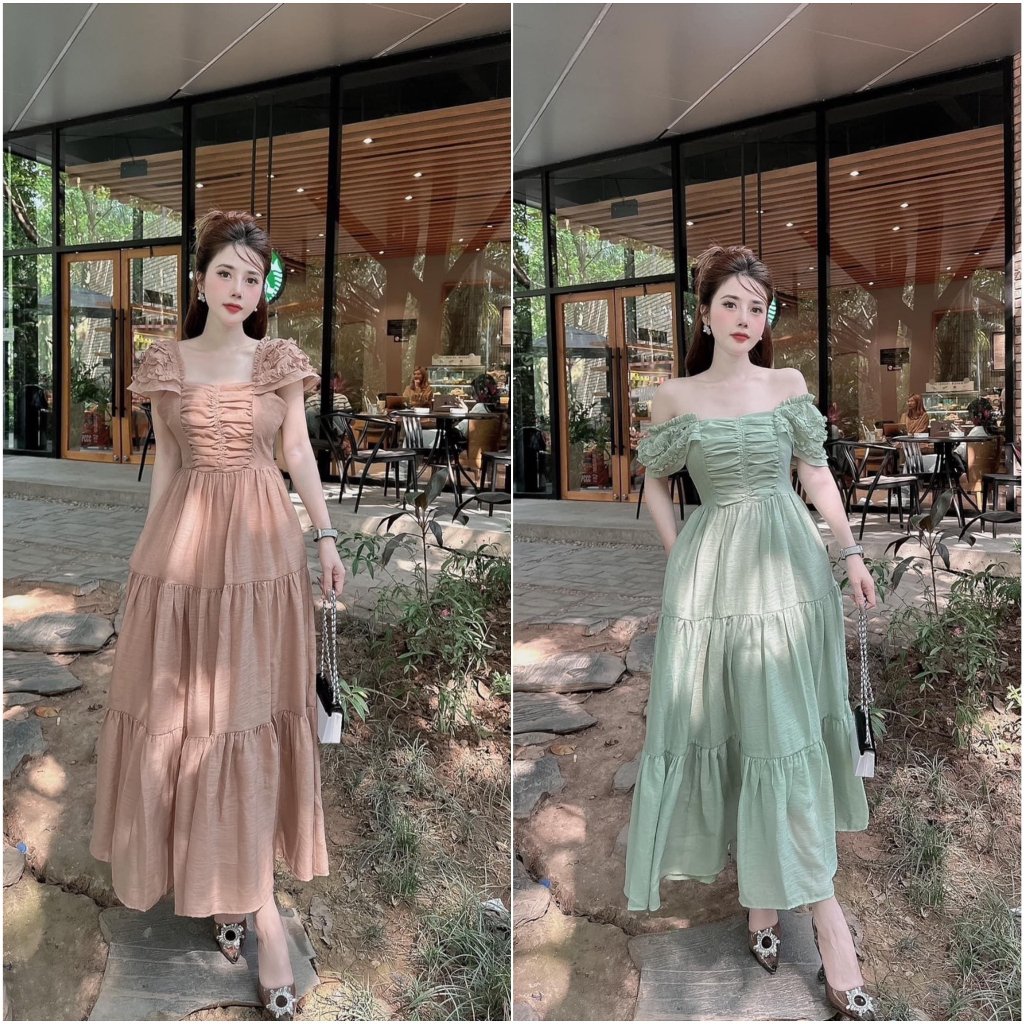Váy đầm nữ đầm dáng dài cổ vuông tay ngắn bèo mặc được hai kiểu bèo trước ngực sang chảnh