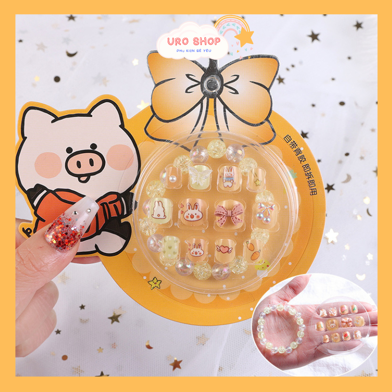 Móng tay giả cho bé gái bộ móng tay trẻ em kèm vòng đeo tay đồ chơi làm nail bộ móng tay giả cho bé gái
