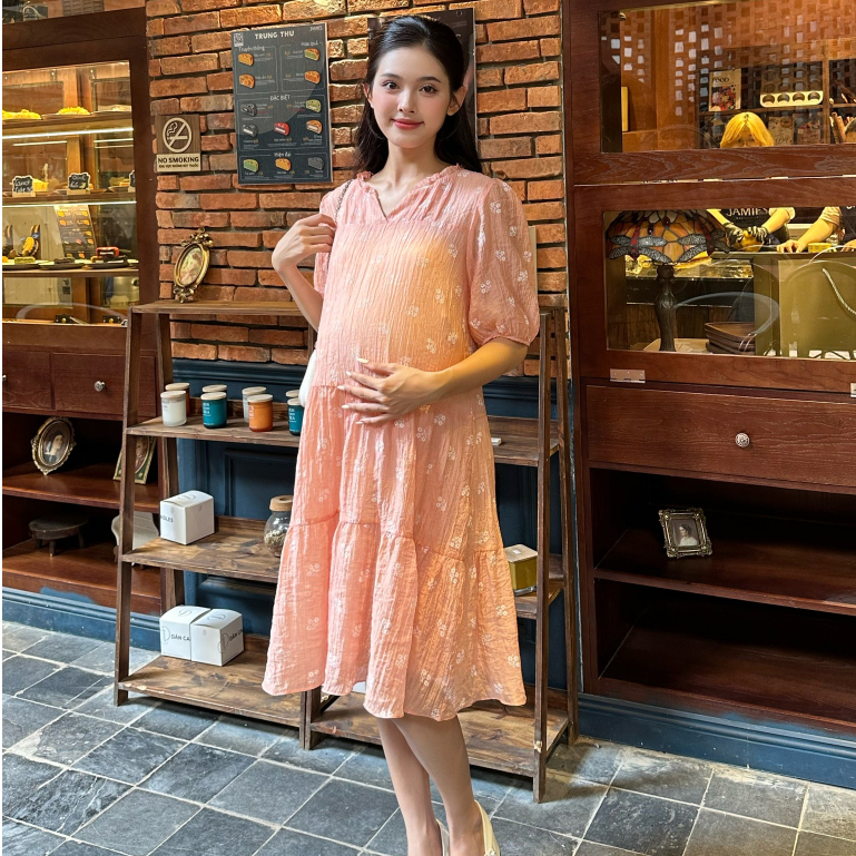 MEDYLA - Váy bầu thiết kế tơ lót lụa hồng thêu hoa trắng đầm bầu cho bầu mặc đi làm đi tiệc - VTX1457