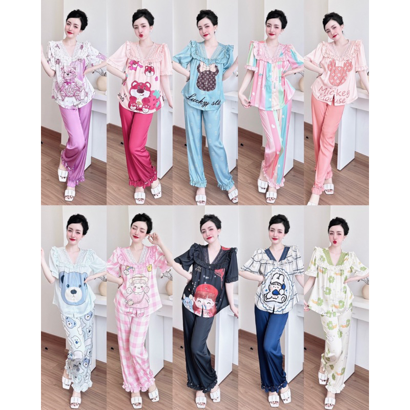 Đồ mặc nhà lụa mềm,mịn,mát,áo tay phồng cổ tim phối ren viền bèo hoạ tiết xinh xắn,size40-60kg