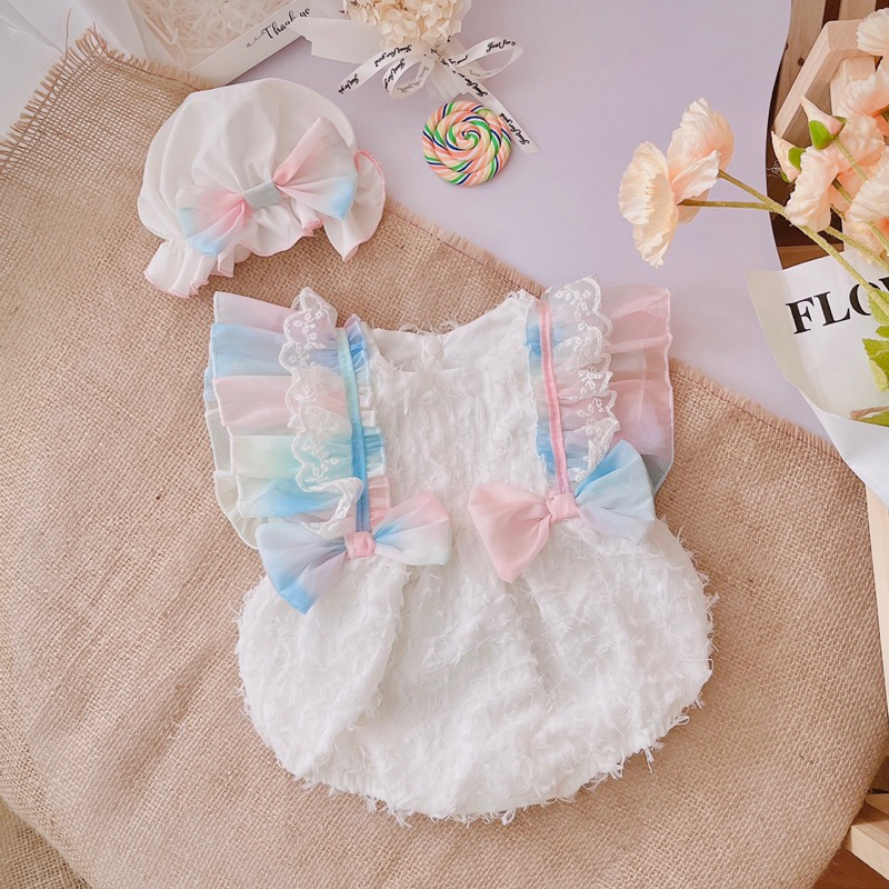 Bodysuit Cho Bé Chất Tơ Lông Phối Tơ Cầu Vồng, Kèm Mũ Nơ Siêu Xinh